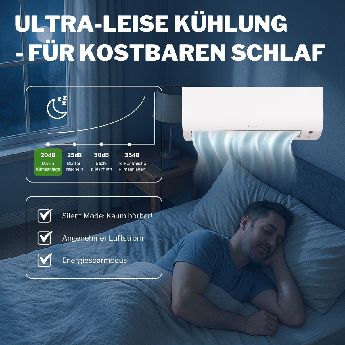 Daikin Comfora Wandgeraet ueber Bett, kuehler Luftstrom sichtbar, schlafende Person, Infografik Lautstaerke | Klimaworld.com