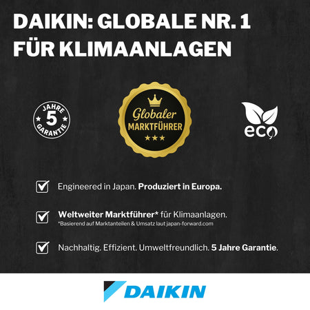 Daikin Klimaanlagen Infografik mit Text globale Nr 1, Garantie Siegel, Eco Symbol und Daikin Logo | Klimaworld.com