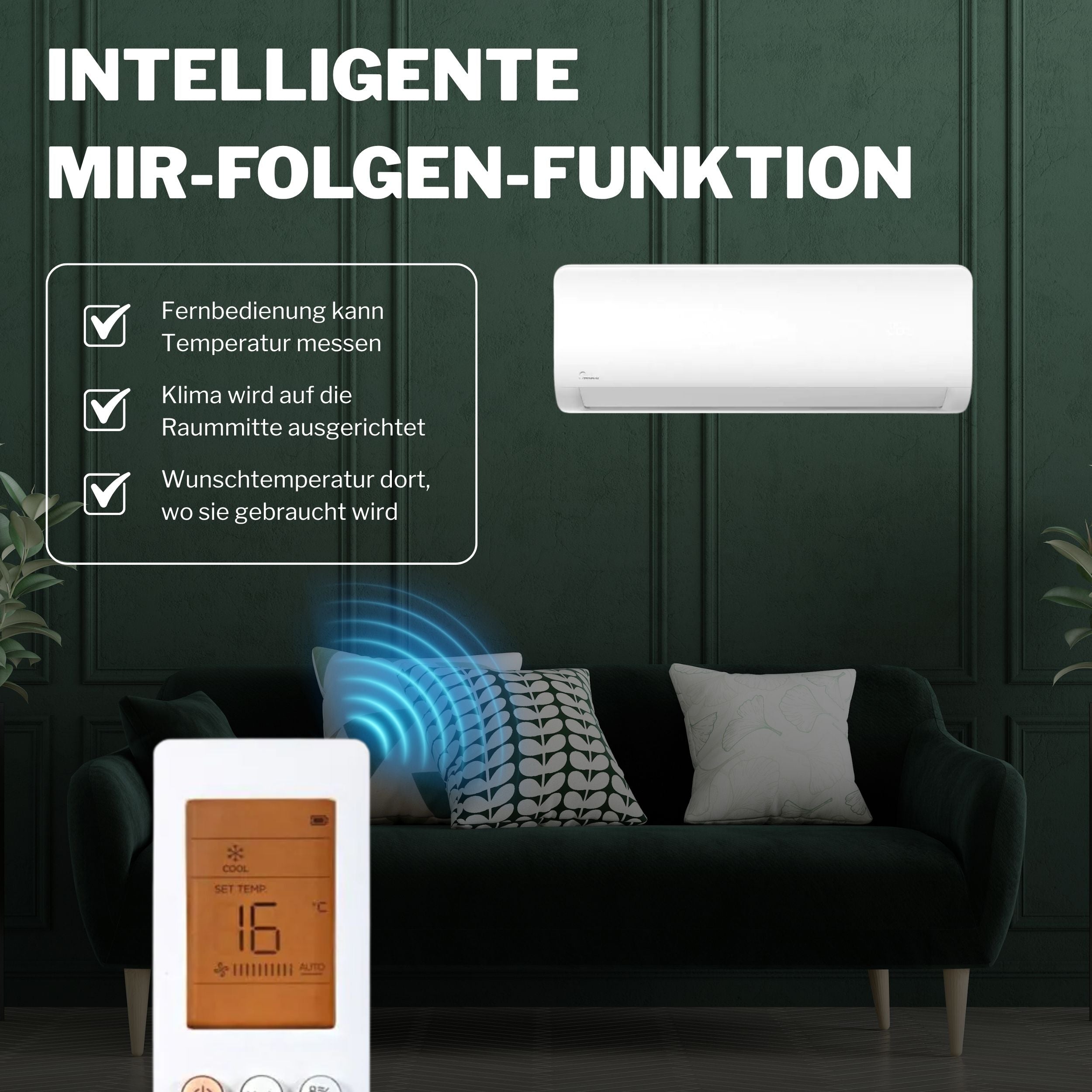 Werbebild zur Midea Xtreme Save Pro mit Fernbedienung vor gruenem Sofa und Wandgeraet im Hintergrund | Klimaworld.com