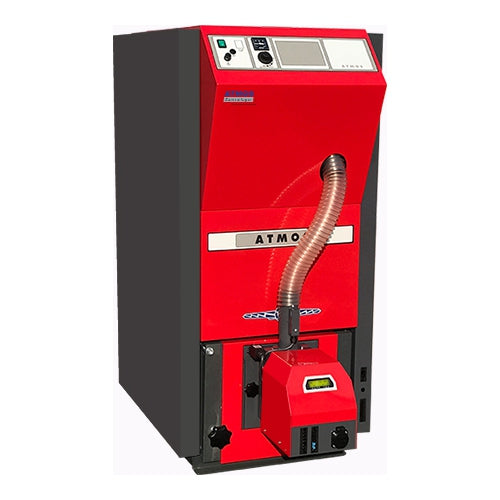 Roter Atmos PX20 Pelletkessel frontal, mit Brenner und klar sichtbarer Bedienfront | klimaworld.com