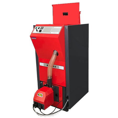 Atmos PX20 Pelletkessel mit geoeffnetem oberen Deckel und sichtbarem integriertem Vorratsbehaelter | klimaworld.com