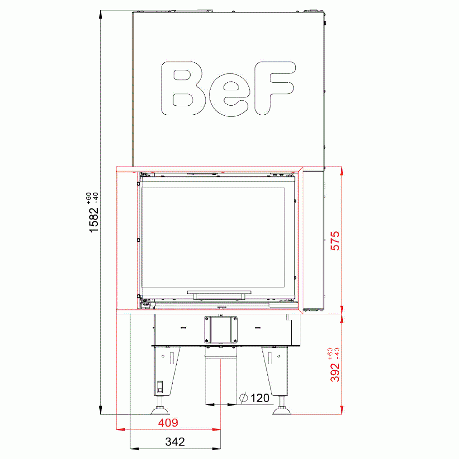 BeF Home  Kamineinsatz Feel V 7 CL | 7 kW | Tür hochschiebbar, Maße | Klimaworld.com