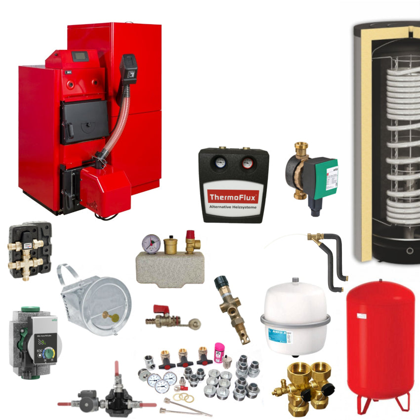 ThermoFlux HKK 30-BioFlux 35 Plus Heizsystem-Set mit Pelletkessel, Pufferspeicher, Pumpengruppe, Ventilen, Ausdehnungsgefaessen und Zubehoer | Klimaworld.com