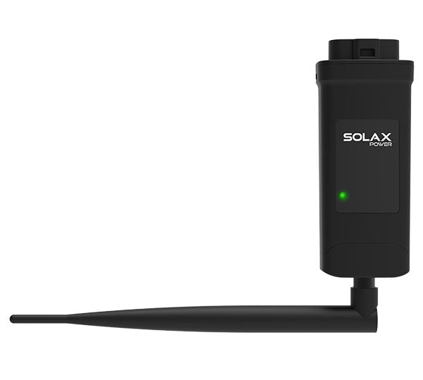 Schwarzes SolaX Pocket Wi-Fi mit Antenne und gruen leuchtener Anzeige | klimaworld.com