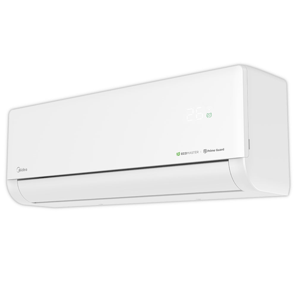 Midea Solstice weisses Wandgeraet, seitliche Ansicht mit abgerundetem Gehaeuse, unaufdringlichem Frontdisplay mit Temperaturanzeige | Klimaworld.com