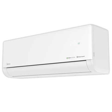 Midea Solstice weisses Wandgeraet, seitliche Ansicht mit abgerundetem Gehaeuse, unaufdringlichem Frontdisplay mit Temperaturanzeige | Klimaworld.com