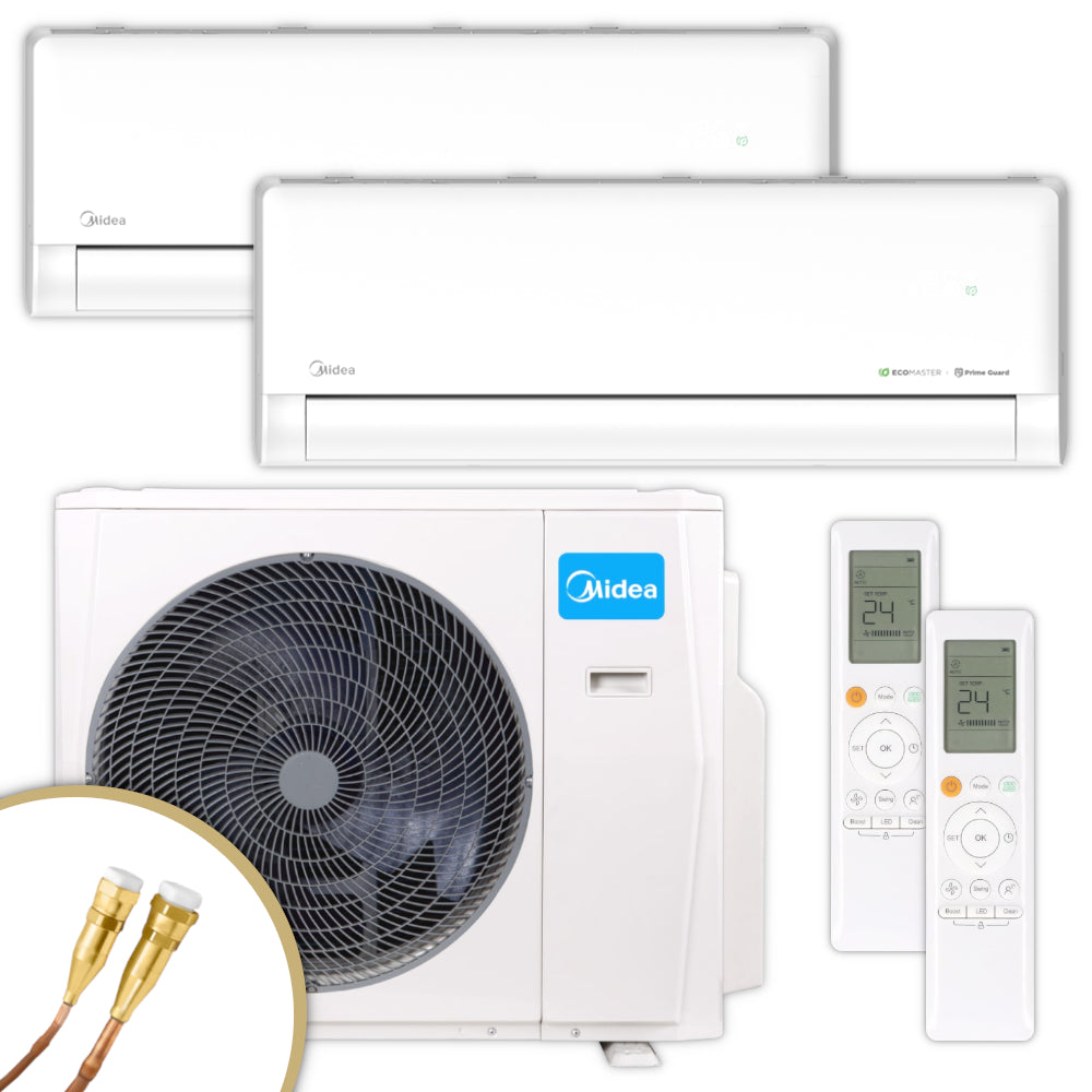 Midea Solstice Multisplit-Klimaanlagen Set mit zwei weissen Wandgeraeten, Aussengeraet, Quick-Connect Anschluesse, zwei Fernbedienungen | Klimaworld.com