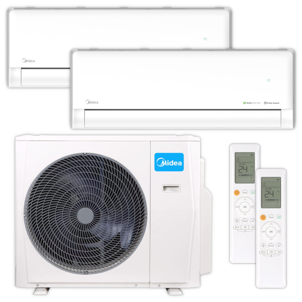 Midea Solstice Multisplit-Klimaanlagen Set mit zwei weissen Wandgeraeten, Aussengeraet und zwei Fernbedienungen | Klimaworld.com
