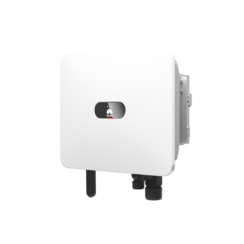 Weisser Huawei SUN2000-25K-MB0 Wechselrichter mit schwarzem Display, seitliche Ansicht vorn | Klimaworld.com