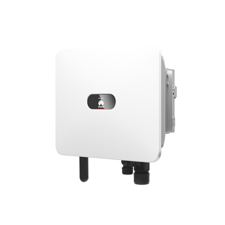 Weisser Huawei SUN2000-25K-MB0 Wechselrichter mit schwarzem Display, seitliche Ansicht vorn | Klimaworld.com