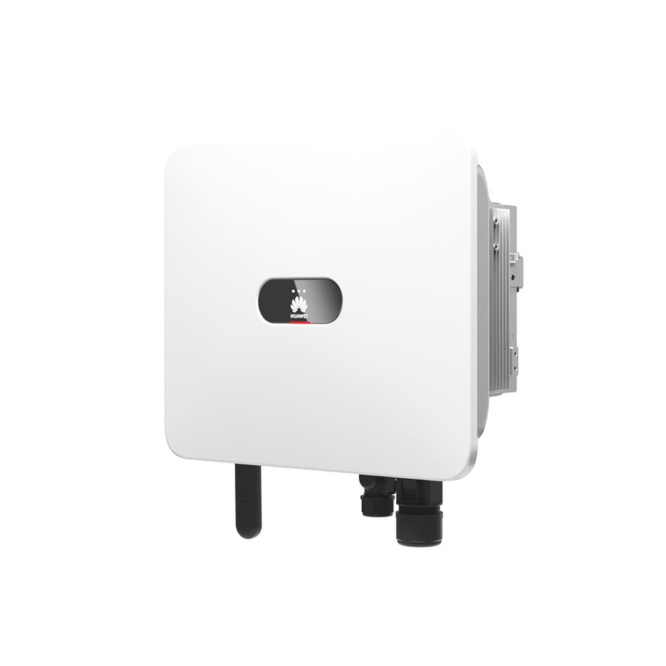 Weisser Huawei SUN2000-25K-MB0 Wechselrichter mit schwarzem Display, seitliche Ansicht vorn | Klimaworld.com
