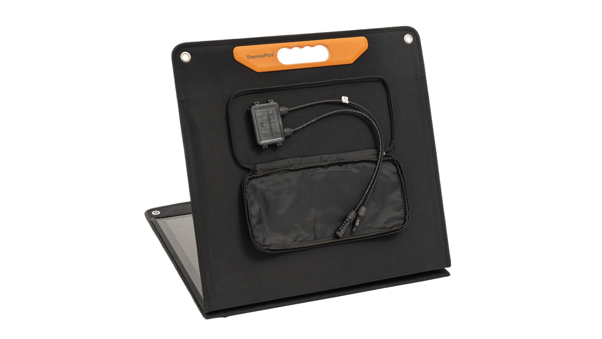 ThermoFlux faltbares Solarmodul | 18V | 200W | Rückansicht Solarstecker | zusammengefaltet 