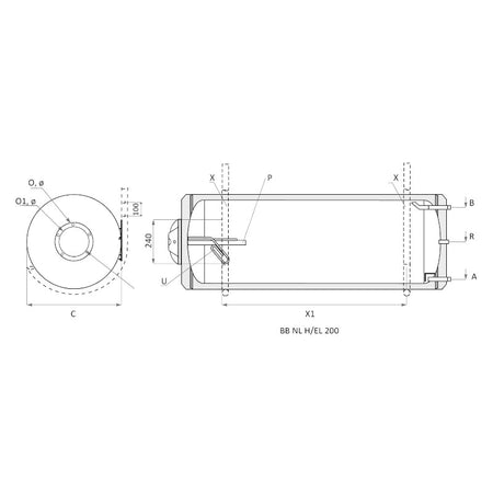 technische Zeichnung - ThermoFlux Elektro-Warmwasserspeicher BB 200 horizontal | 2 kW