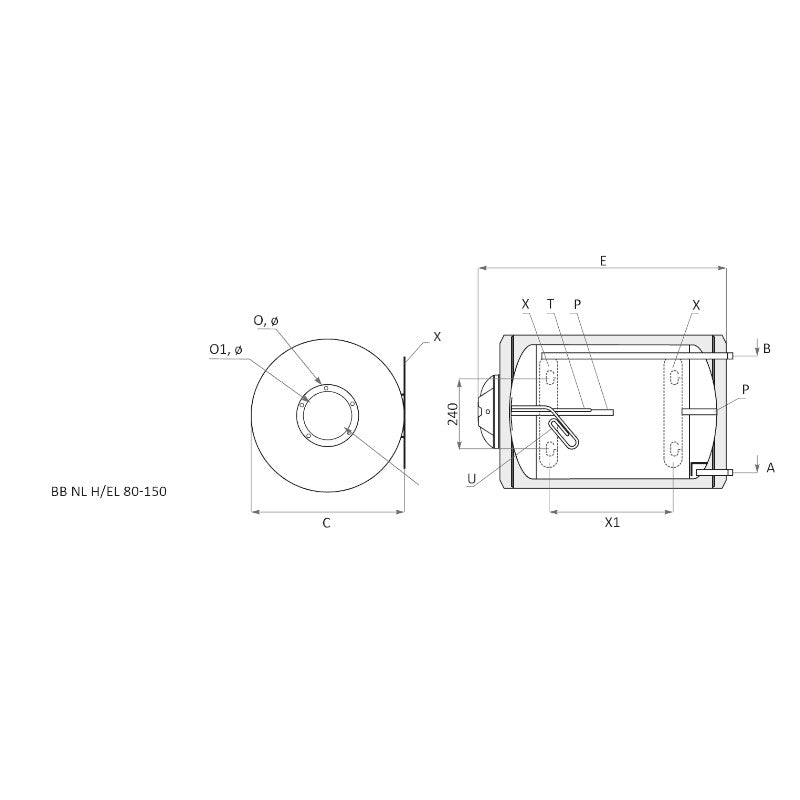 technische Zeichnung - ThermoFlux Elektro-Warmwasserspeicher BB 120 horizontal | 2 kW