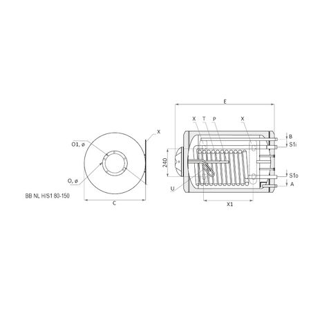 technische Zeichnung - ThermoFlux Elektro-Warmwasserspeicher BB NL 80 horizontal 1 WT | 1,5 kW