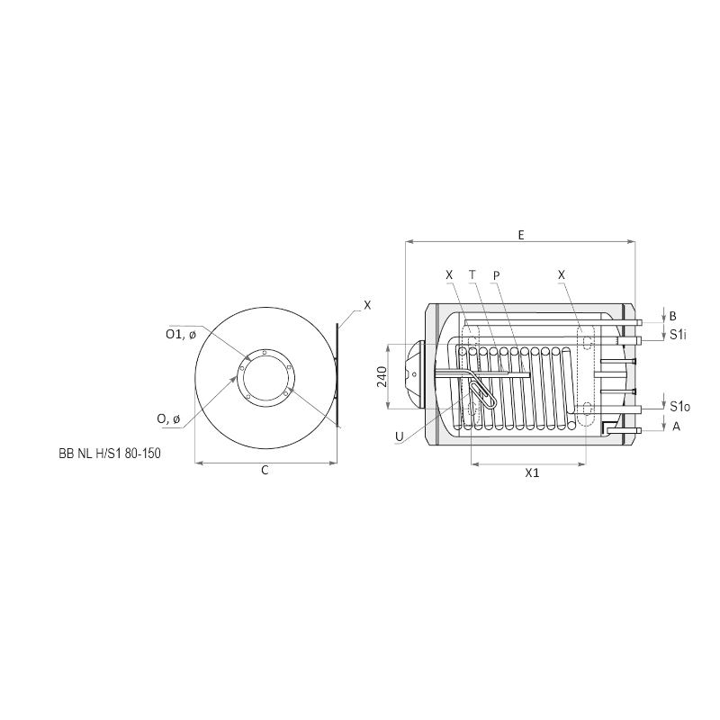 technische Zeichnung - ThermoFlux Elektro-Warmwasserspeicher BB NL 120 horizontal 1 WT | 1,5 kW