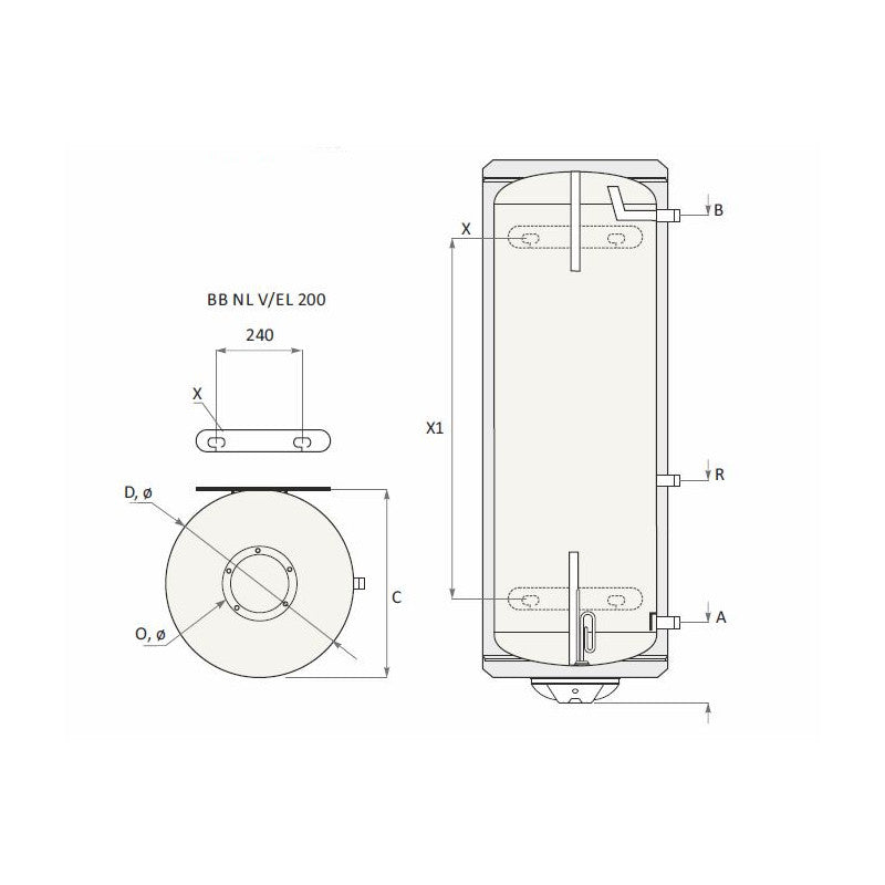 technische Zeichnung - ThermoFlux Elektro-Warmwasserspeicher BB 200 vertikal | 3 kW