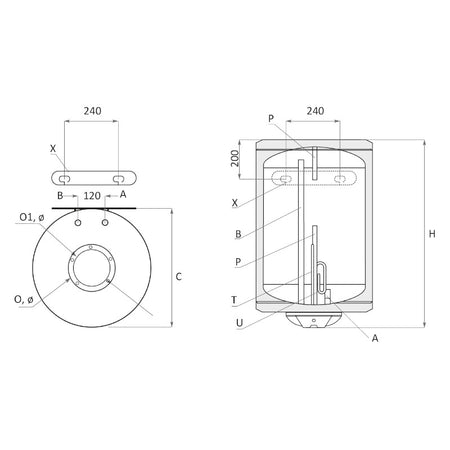 technische Zeichnung - ThermoFlux Elektro-Warmwasserspeicher BB 100 vertikal | 2 kW