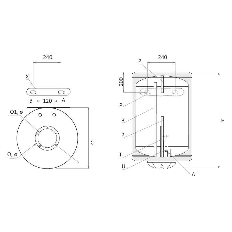 technische Zeichnung - ThermoFlux Elektro-Warmwasserspeicher BB 120 vertikal | 3 kW