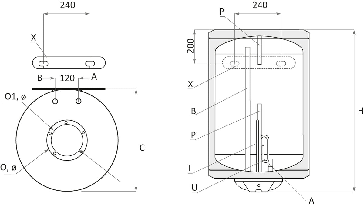 technische Zeichnung - ThermoFlux Elektro-Warmwasserspeicher BB 150 vertikal | 3 kW
