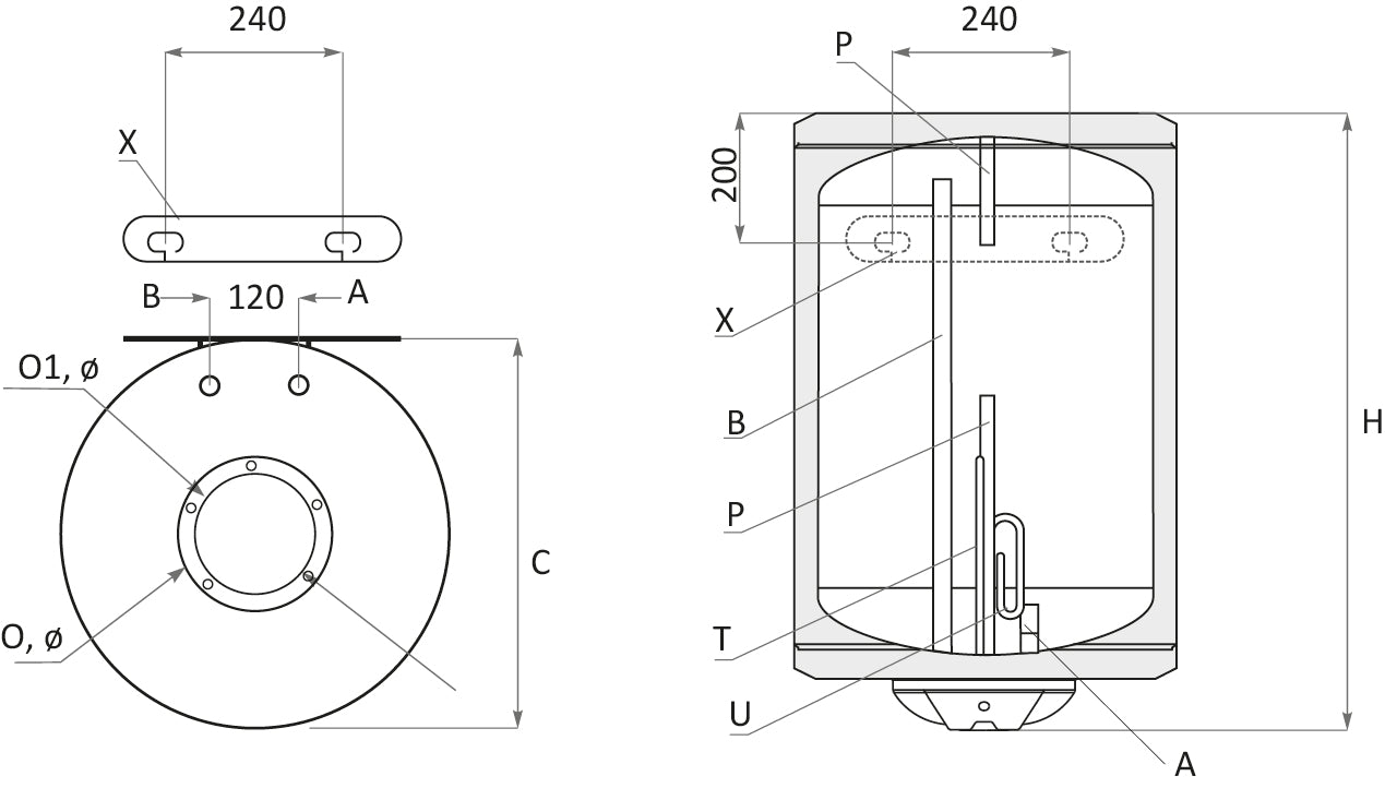 technische Zeichnung - ThermoFlux Elektro-Warmwasserspeicher BB 150 vertikal | 3 kW