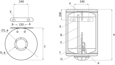 technische Zeichnung - ThermoFlux Elektro-Warmwasserspeicher BB 150 vertikal | 3 kW