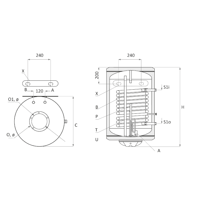 technische Zeichnung - ThermoFlux Elektro-Warmwasserspeicher BB NL 80 vertikal 1 WT | 2 kW 