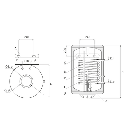 technische Zeichnung - ThermoFlux Elektro-Warmwasserspeicher BB NL 80 vertikal 1 WT | 2 kW 