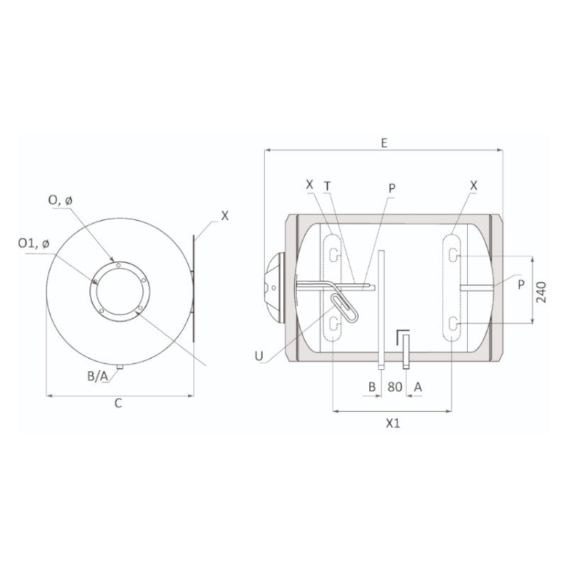 technische Zeichnung - ThermoFlux Elektro-Warmwasserspeicher EWSP 80 horizontal | 2 kW