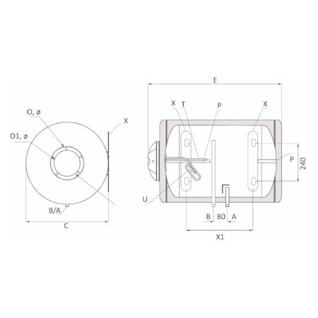 technische Zeichnung - ThermoFlux Elektro-Warmwasserspeicher EWSP 80 horizontal | 2 kW