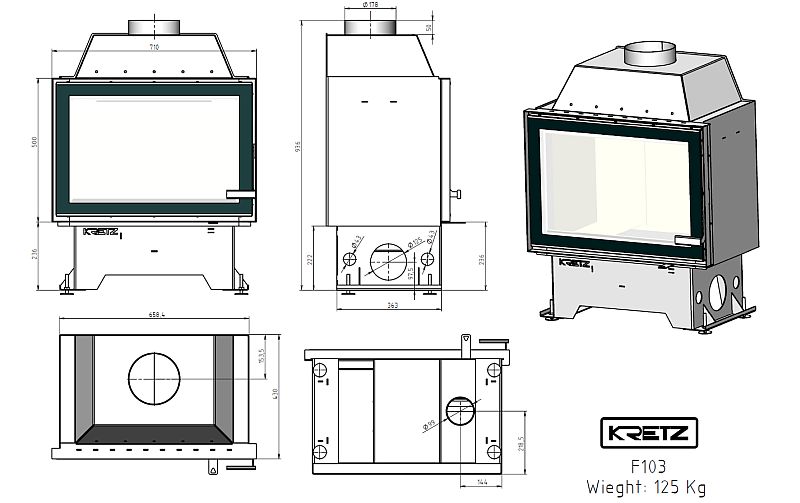 KRETZ | Kamineinsatz F 103 | gerade Scheibe | Stahl | 10 kW - technische Zeichnung