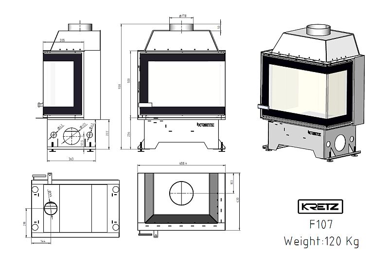 KRETZ | Kamineinsatz F107 | Eckkamin rechts | Stahl | 10 kW - Technische Zeichnung