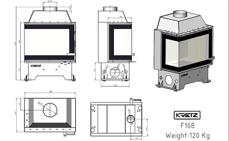 KRETZ | Kamineinsatz F108 | Eckkamin links | Stahl | 10 kW - Technische Zeichnung