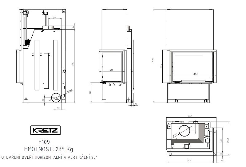 KRETZ | Kamineinsatz F 109 | Eckkamin rechts | 10 kW - technische Zeichnung