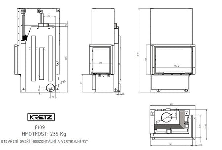 KRETZ | Kamineinsatz F 109 | Eckkamin rechts | 10 kW - technische Zeichnung