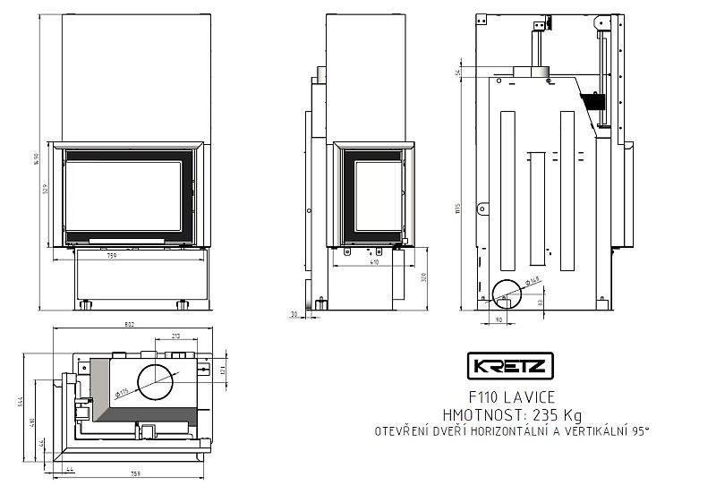 KRETZ | Kamineinsatz F 110 | Eckkamin links | 10 kW - technische Zeichnung