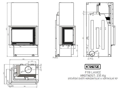 KRETZ | Kamineinsatz F 110 | Eckkamin links | 10 kW - technische Zeichnung