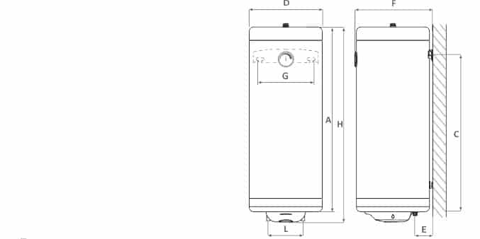 technische Zeichnung - ThermoFlux Elektro-Warmwasserspeicher MB Slim 50 vertikal | 2 kW