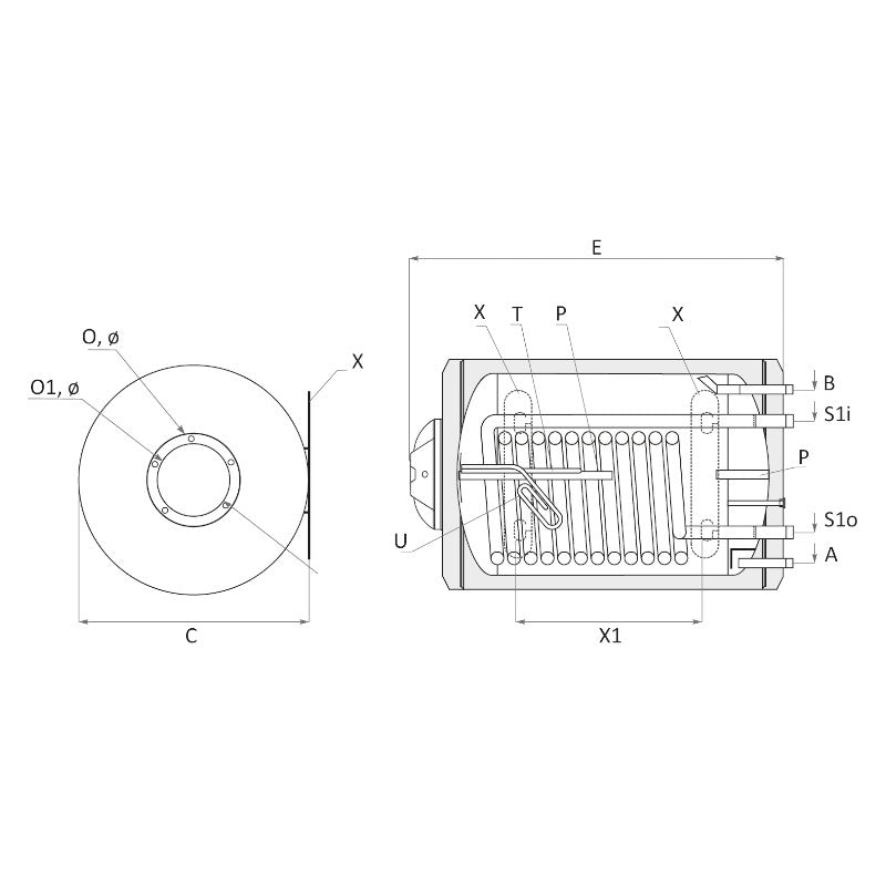 technische Zeichnung - ThermoFlux Elektro-Warmwasserspeicher MB NL 80 horizontal 1 WT | 3,0 kW