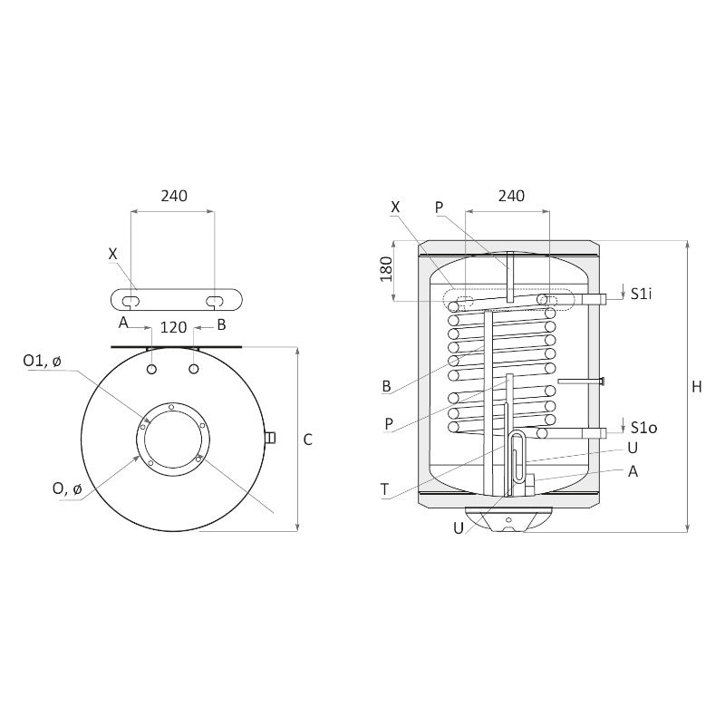 technische Zeichnung - ThermoFlux Elektro-Warmwasserspeicher MB NL2 100 vertikal | 1 WT| 2 kW