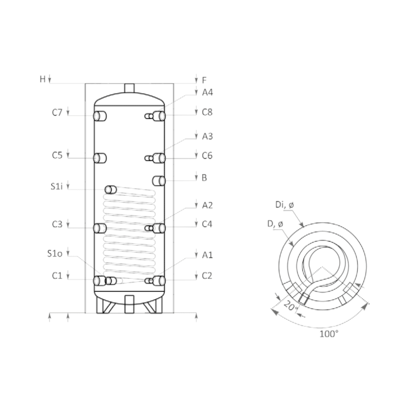 Technische Zeichnung ohne Abmaße - ThermoFlux Pufferspeicher PBM-R 150 | mit einem Wärmetauscher | klimaworlv.com