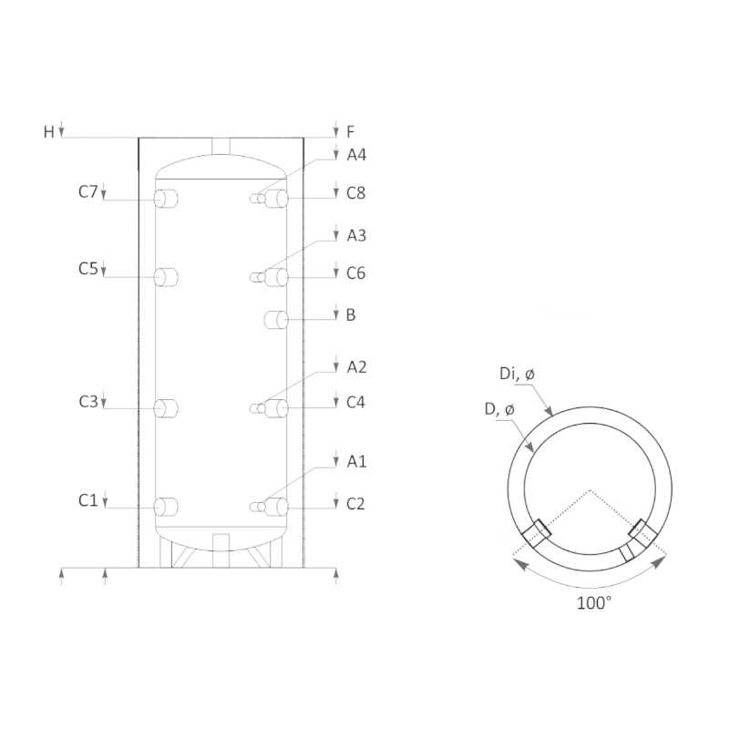 Technische Zeichnung ohne Abmaße - ThermoFlux Pufferspeicher PBM 150 | ohne WT