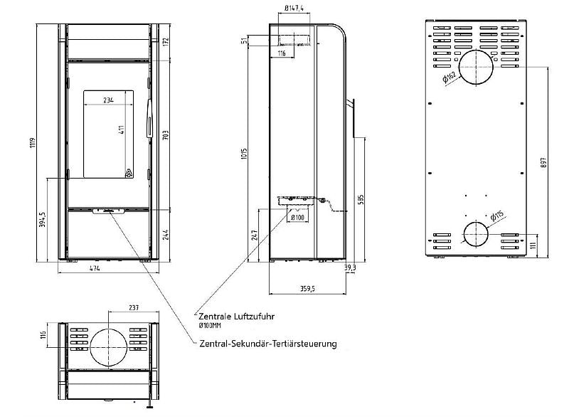 KRETZ | Kaminofen SAMANA 2 | Stahl schwarz / Sandstein | 5,8 kW - technische Zeichnung
