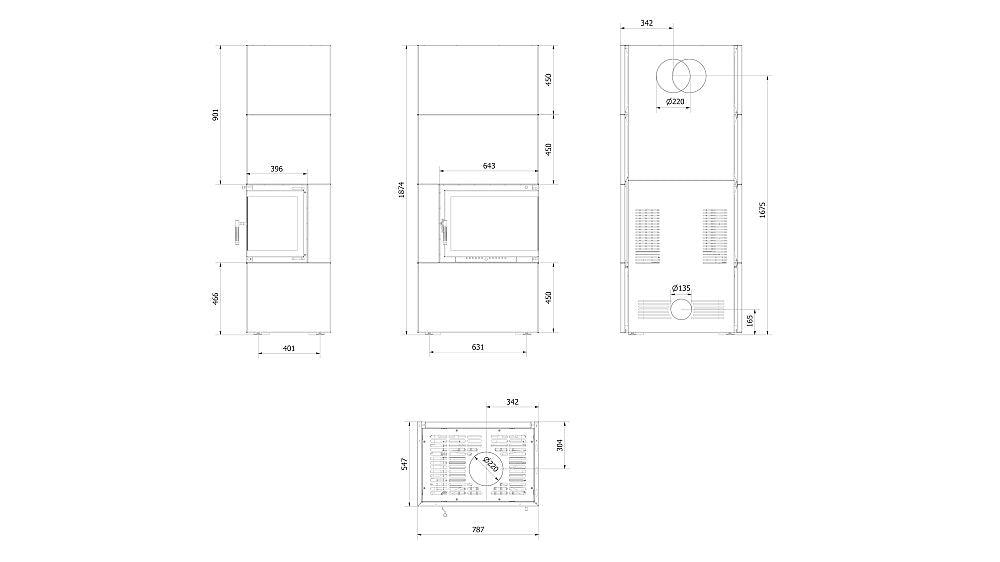 Technische Zeichnung - Kratki Kaminofen Simple Box 8 | Bauart 1 | 8 kW | rechts