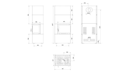 Kratki Kaminofen Simple 8 - rechts | Bauart 1 | Bausatz weiß | 8 kW - technische Zeichnung