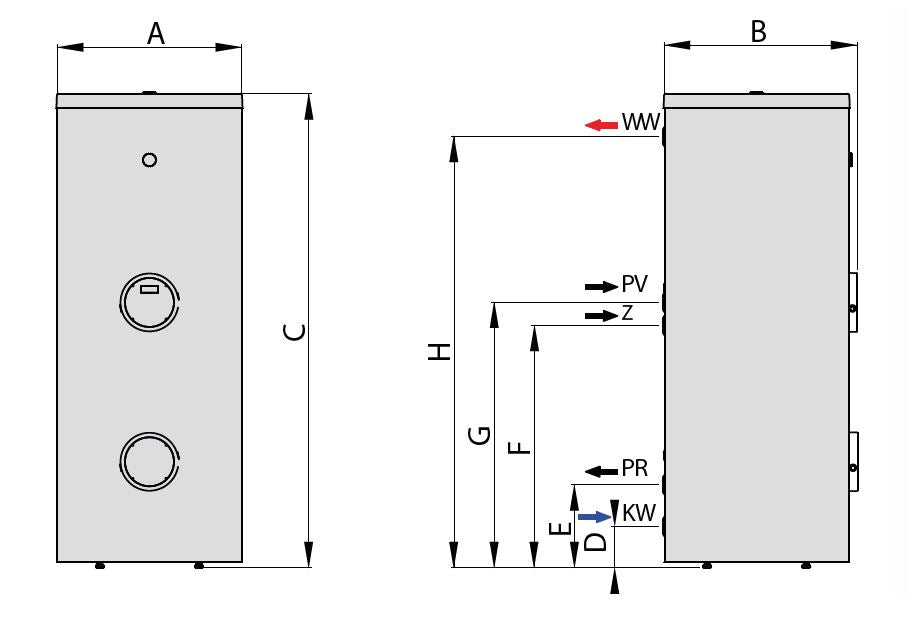 Technische Zeichnung ohne Abmaße - ThermoFlux Warmwasserspeicher TES-1WT 800 Q | Edelstahl | 1 WT  ➔ klimaworlv.com