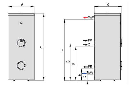 Technische Zeichnung ohne Abmaße - ThermoFlux Warmwasserspeicher TES-1WT 1000 Q | Edelstahl | 1 WT  ➔ klimaworlv.com