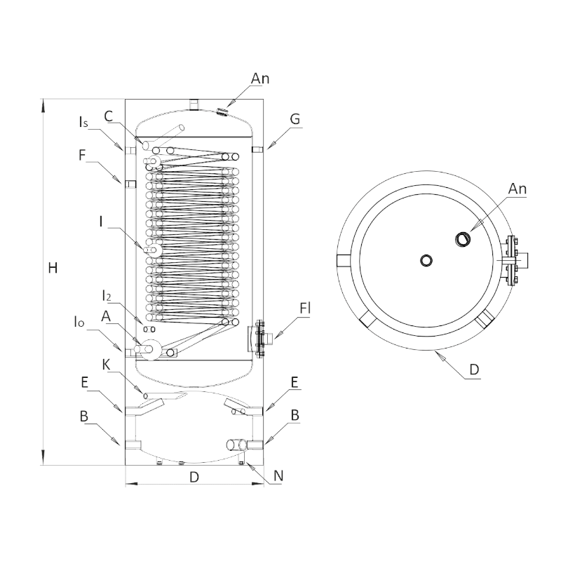 Technische Zeichnung ohne Maße - ThermoFlux Hybrid-Wärmepumpenspeicher WPHS | 250/60 L | klimaworlv.com