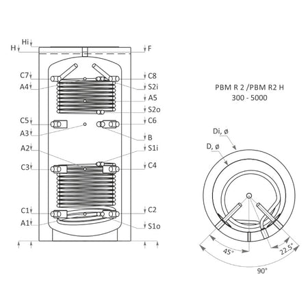 Technische Zeichnung ohne Abmaße - ThermoFlux Pufferspeicher PBM-RR 1500 | ohne Isolierung | 2 WT | klimaworlv.com