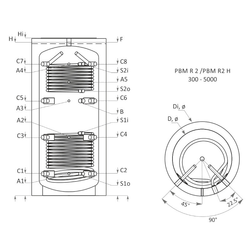 Technische Zeichnung ohne Abmaße - ThermoFlux Pufferspeicher PBM-RR 300 | für Heizungswasser | 2 WT